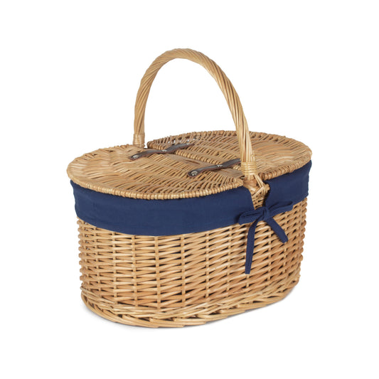 Oval Lidded Willow Picnic Hamper with Navy Blue Lining