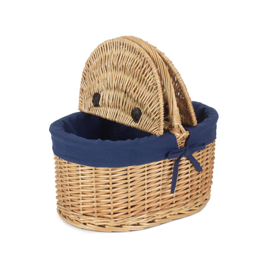 Oval Lidded Willow Picnic Hamper with Navy Blue Lining