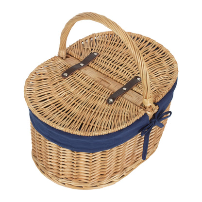 Oval Lidded Willow Picnic Hamper with Navy Blue Lining