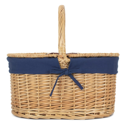 Oval Lidded Willow Picnic Hamper with Navy Blue Lining