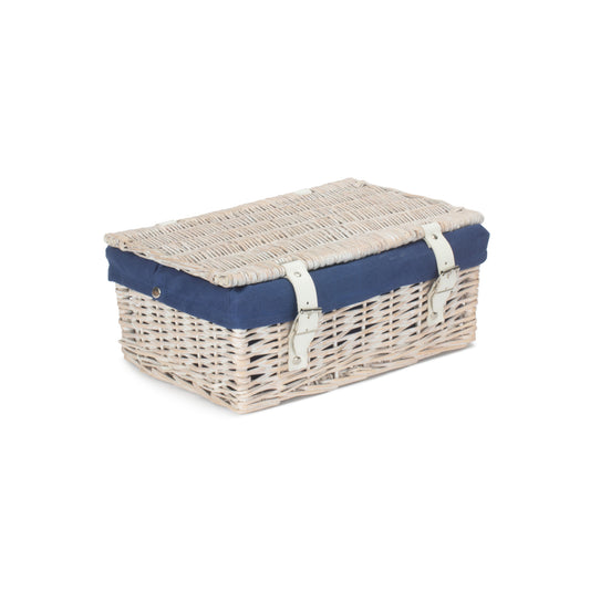 14 Inch Empty White Wash Wicker Hamper Basket with Navy Blue Lining