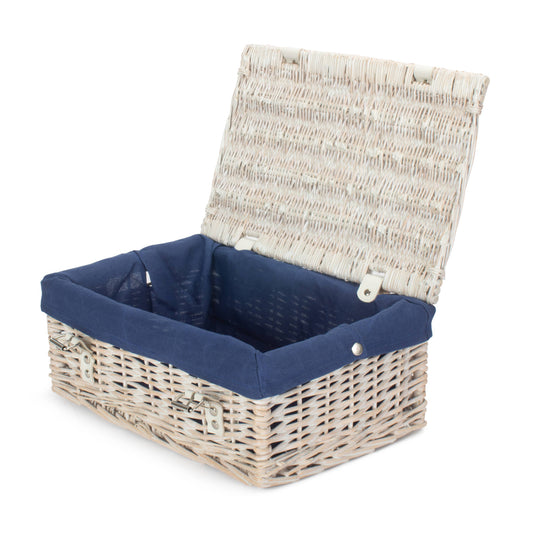 14 Inch Empty White Wash Wicker Hamper Basket with Navy Blue Lining