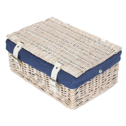 14 Inch Empty White Wash Wicker Hamper Basket with Navy Blue Lining