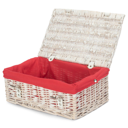 14 Inch White Wash Wicker Hamper Basket with Red Lining