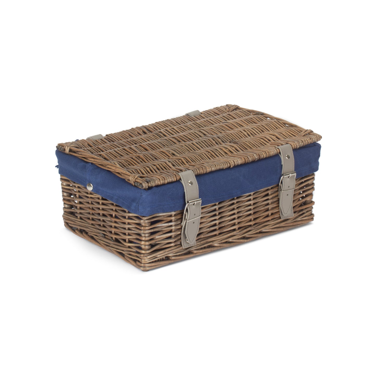 14 Inch Empty Wicker Hamper Basket - Antique Wash - Navy Blue Lining