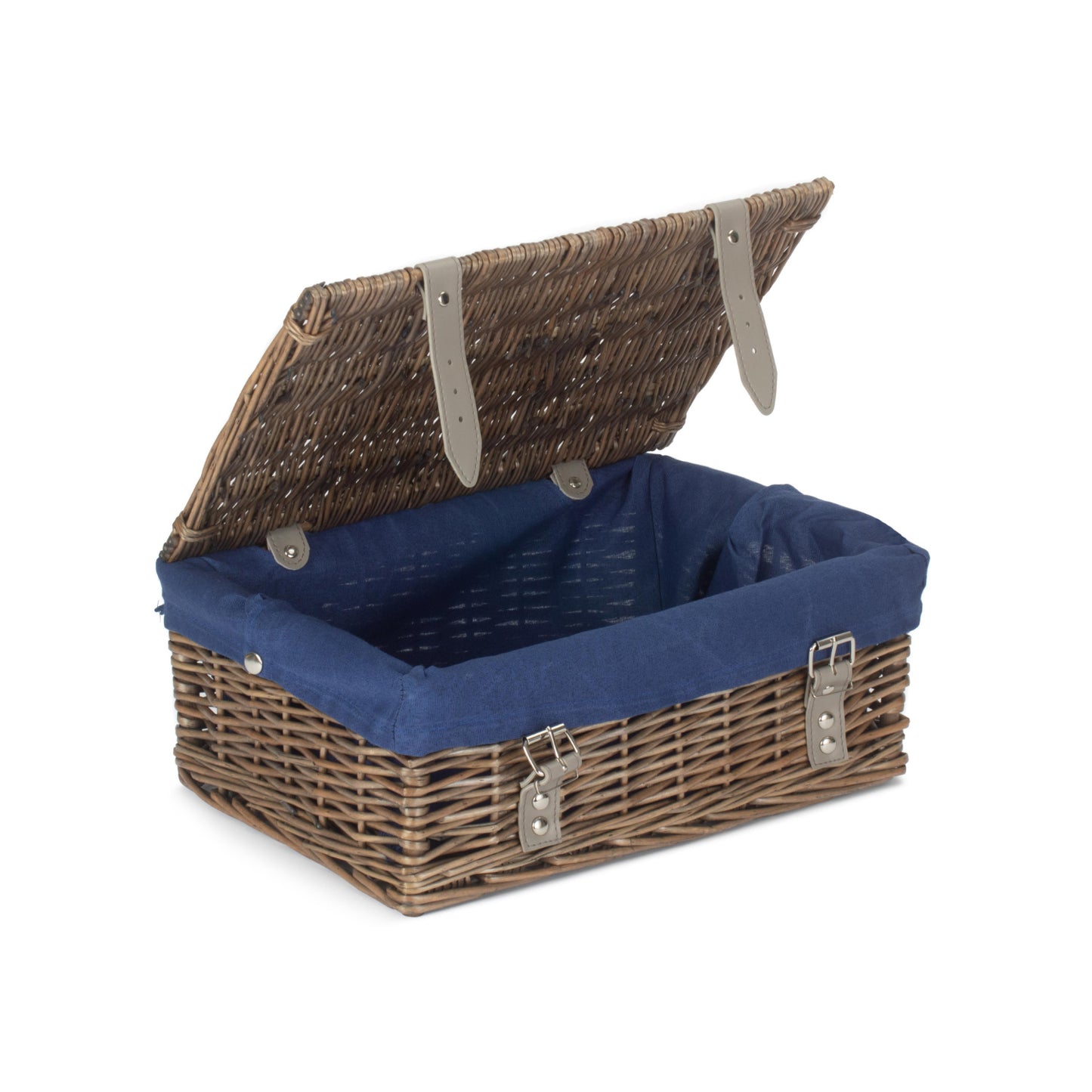 14 Inch Empty Wicker Hamper Basket - Antique Wash - Navy Blue Lining