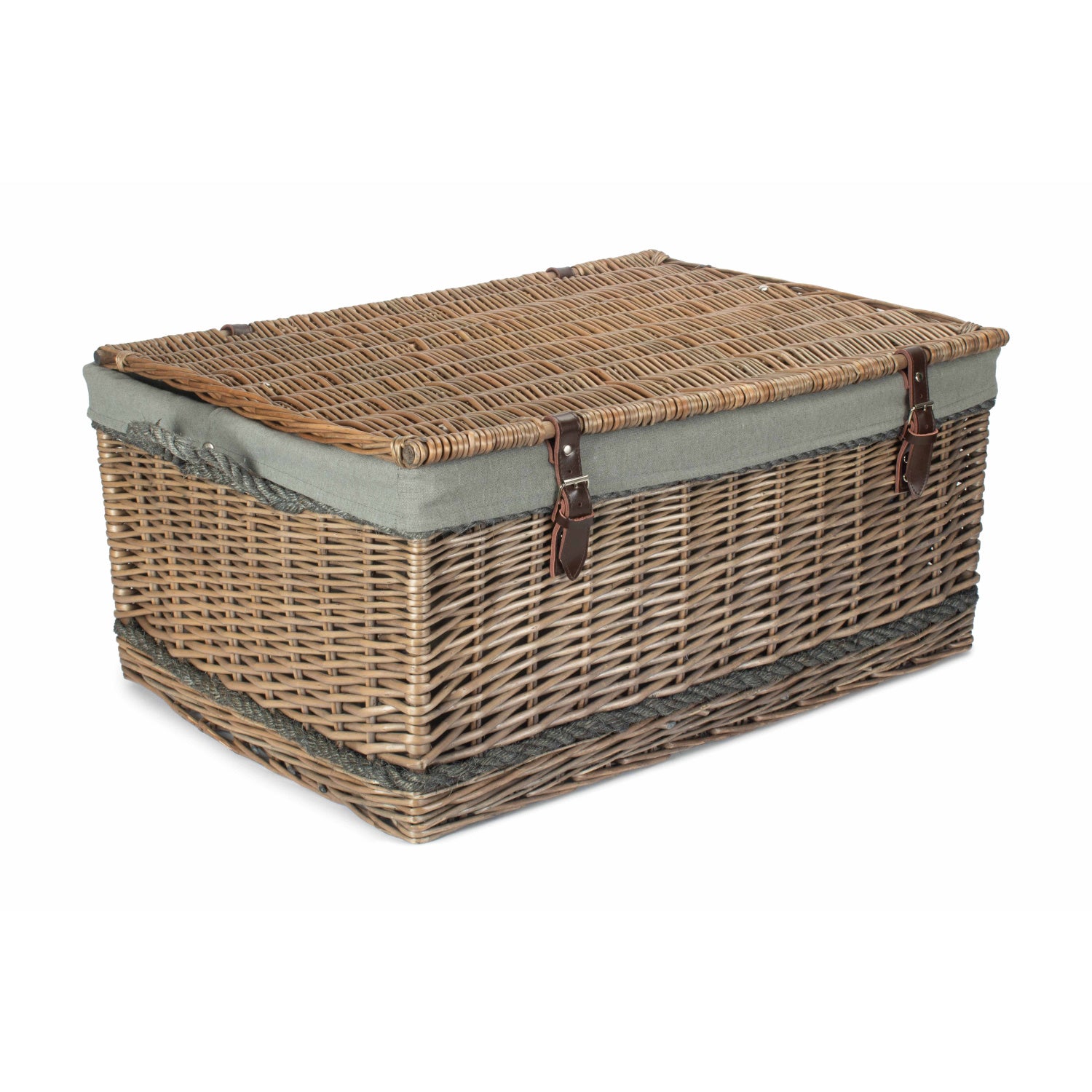 28 Inch Antique Wash Willow Rope Handled Hamper Trunk with Grey Sage Lining
