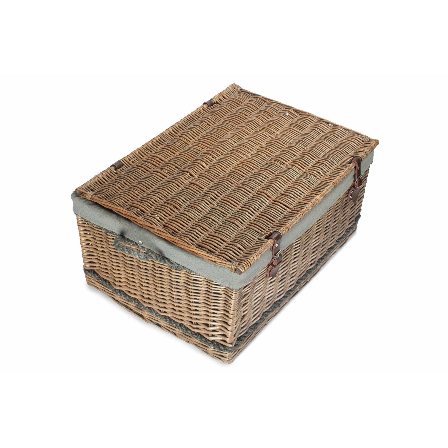 28 Inch Antique Wash Willow Rope Handled Hamper Trunk with Grey Sage Lining