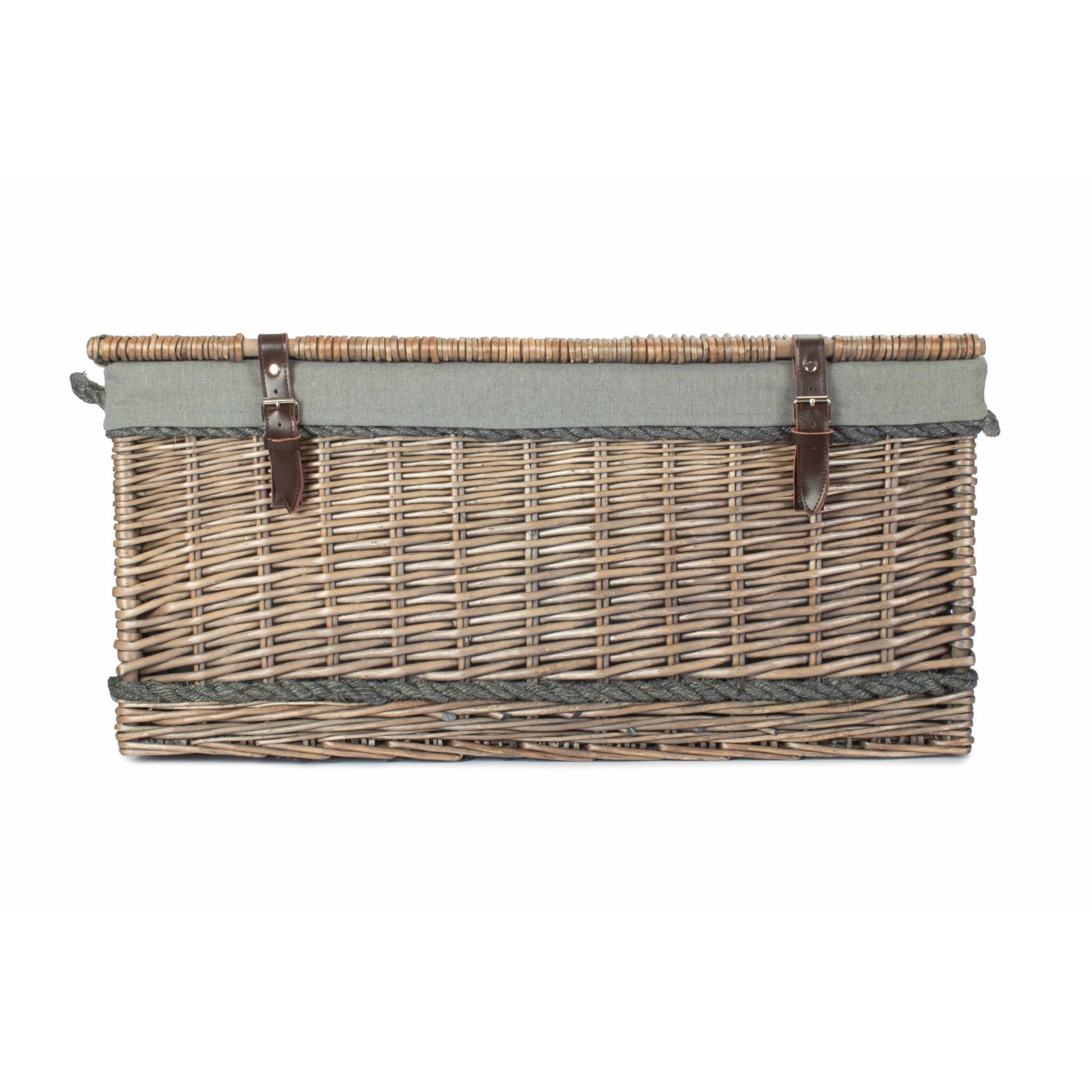 28 Inch Antique Wash Willow Rope Handled Hamper Trunk with Grey Sage Lining