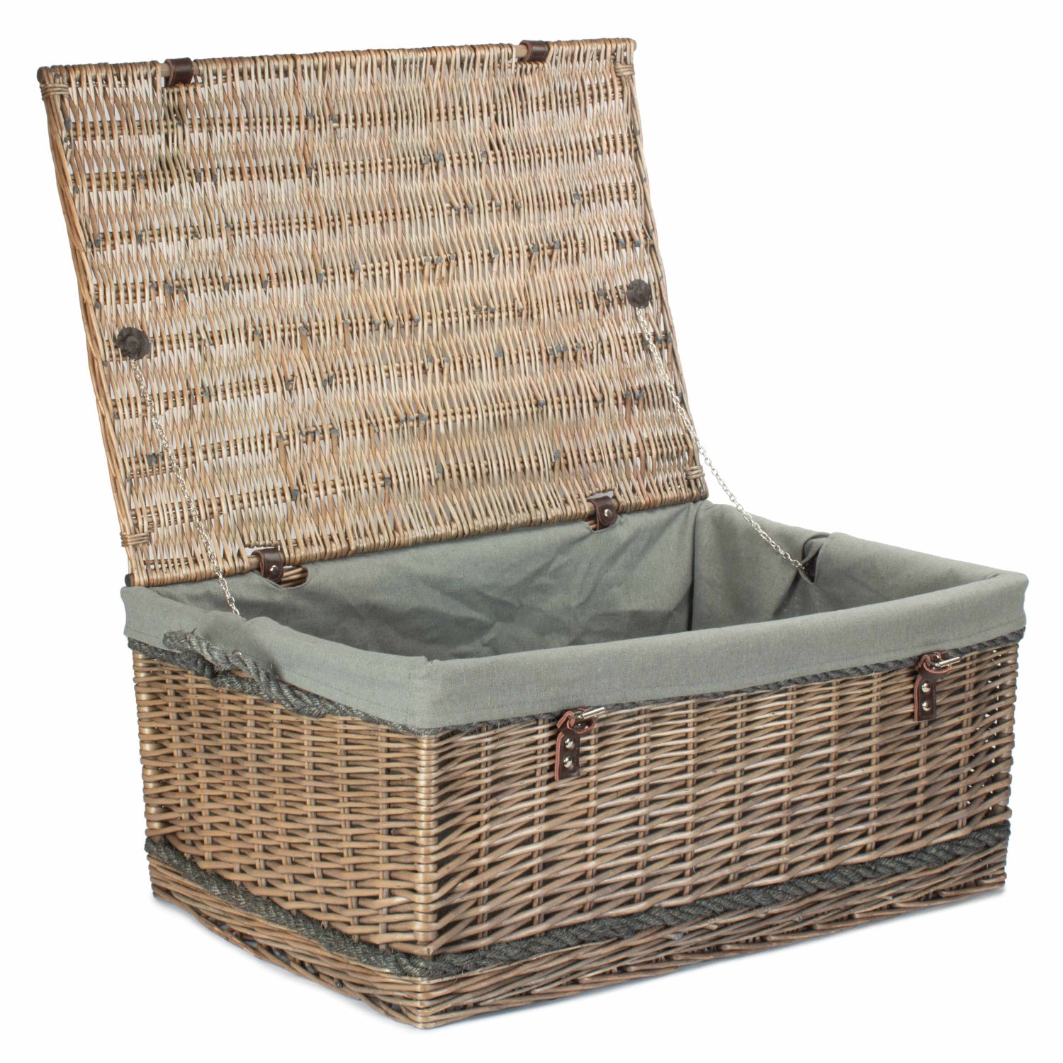 28 Inch Antique Wash Willow Rope Handled Hamper Trunk with Grey Sage Lining