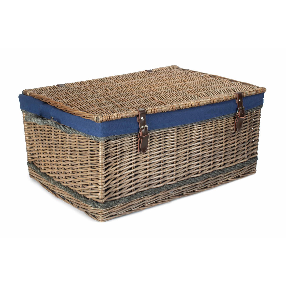 28 Inch Antique Wash Willow Rope Handled Hamper Trunk Navy Blue Lining