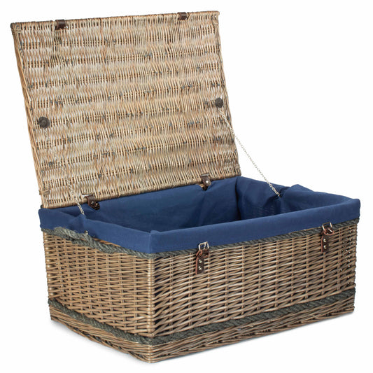 28 Inch Antique Wash Willow Rope Handled Hamper Trunk with Navy Blue Lining