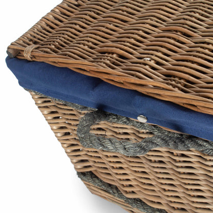 28 Inch Antique Wash Willow Rope Handled Hamper Trunk with Navy Blue Lining