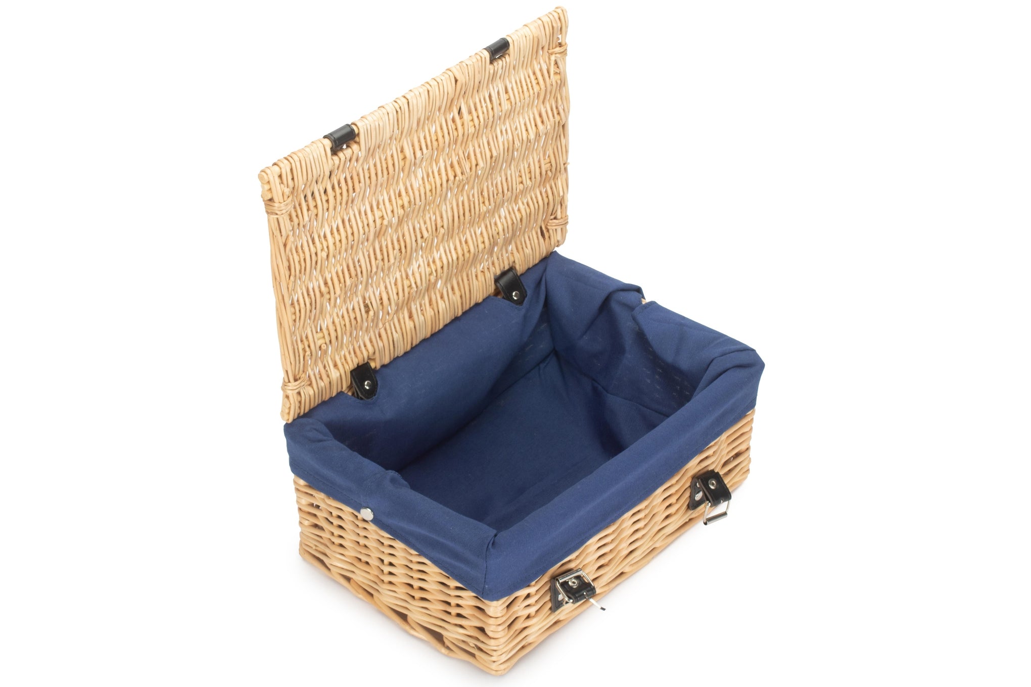 14" Inch Buff Willow Wicker Hamper Basket with Navy Blue Lining