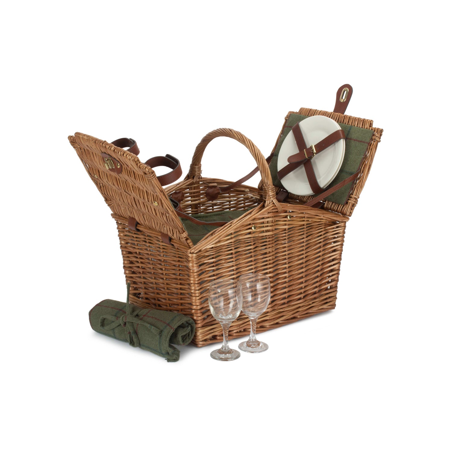 2 Person Green Tweed Double Lidded Hamper