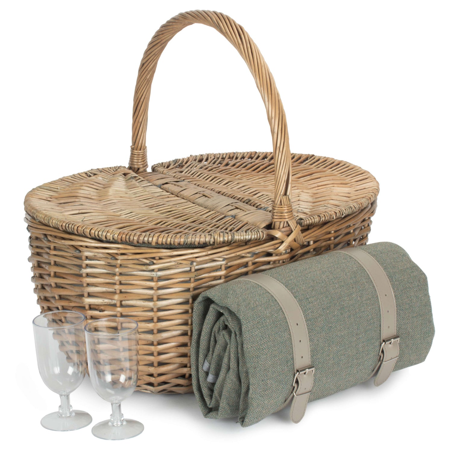2 Person Oval Grey Sage Tweed Fitted Hamper