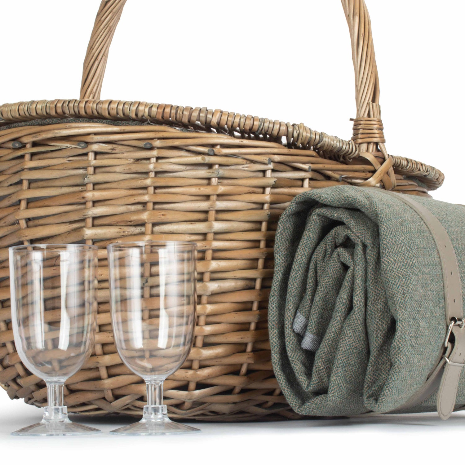 2 Person Oval Grey Sage Tweed Fitted Hamper