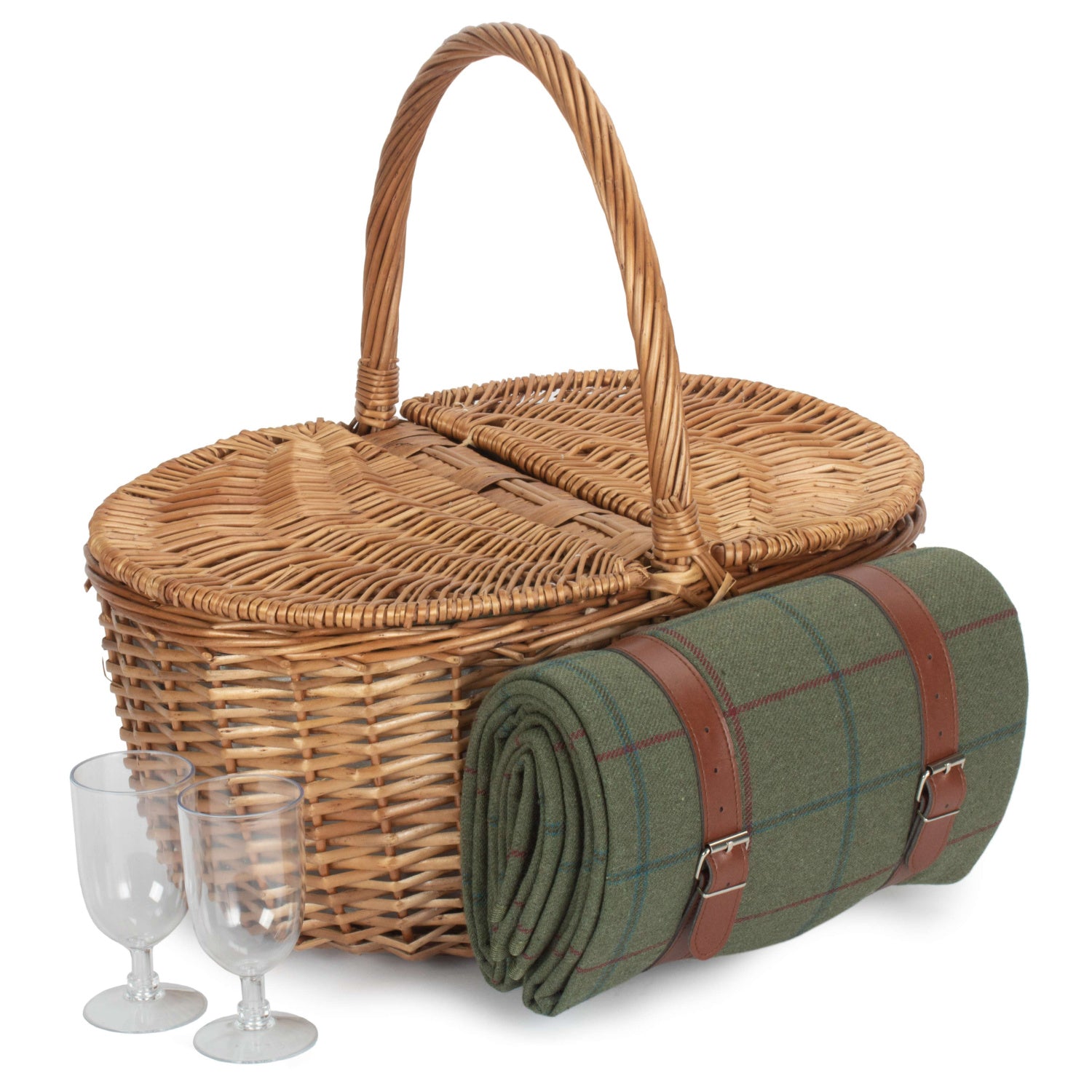 2 Person Oval Green Tweed Fitted Hamper