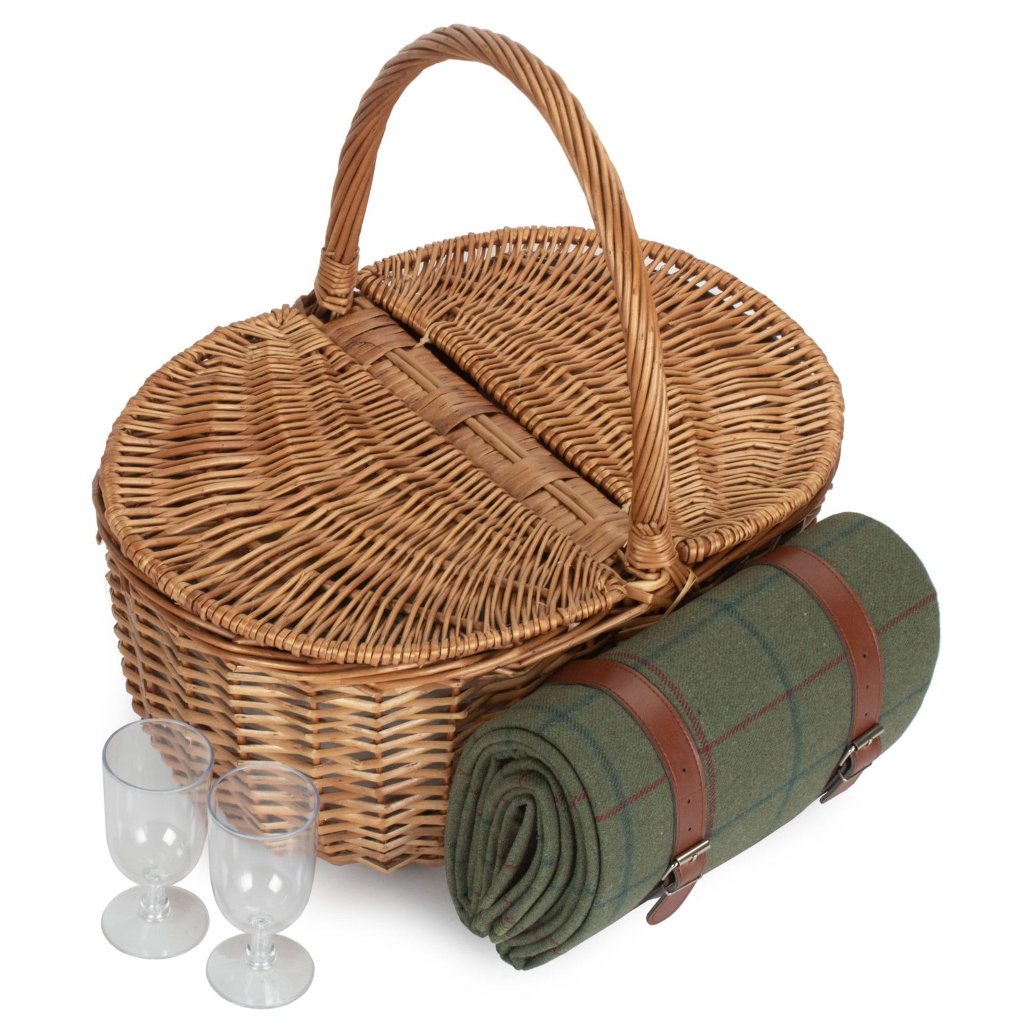2 Person Oval Green Tweed Fitted Hamper