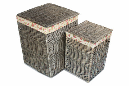 Antique Wash Willow Square Laundry Basket with Garden Rose Lining Set 2