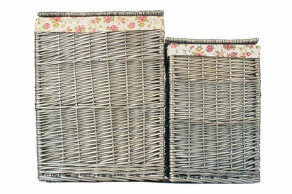 Antique Wash Willow Square Laundry Basket with Garden Rose Lining Set 2
