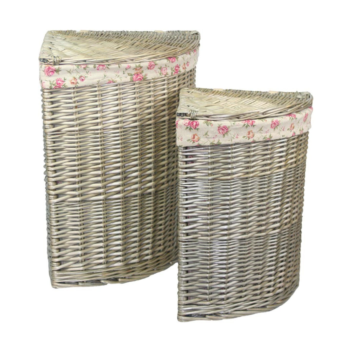 Antique Wash Corner Linen Basket With Garden Rose Lining Set 2