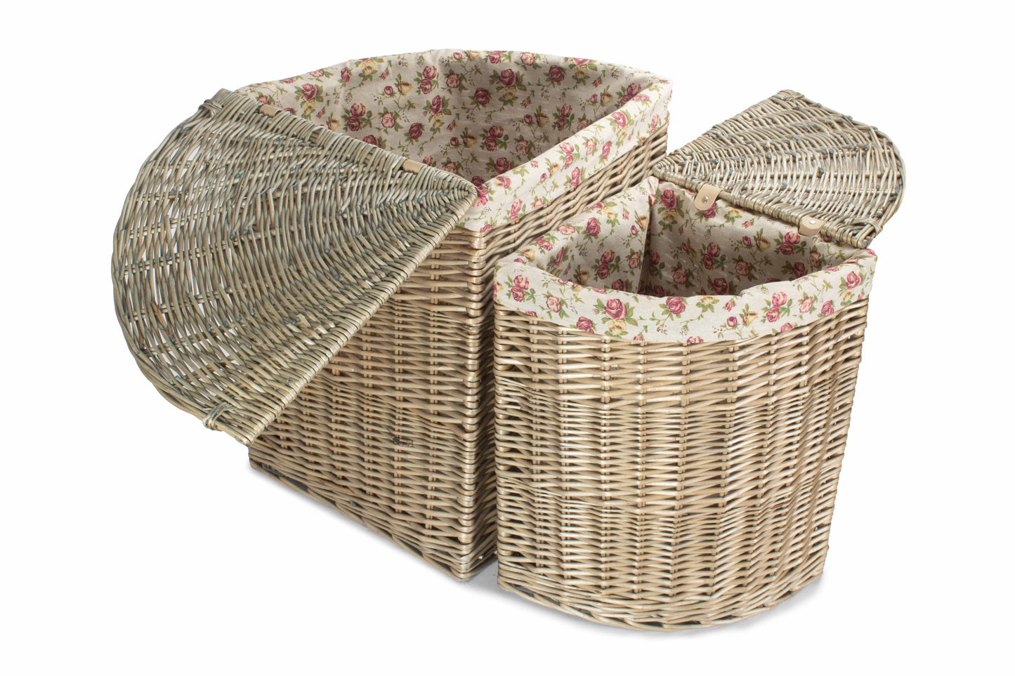 Antique Wash Willow Corner Linen Basket with Garden Rose Lining Set 2