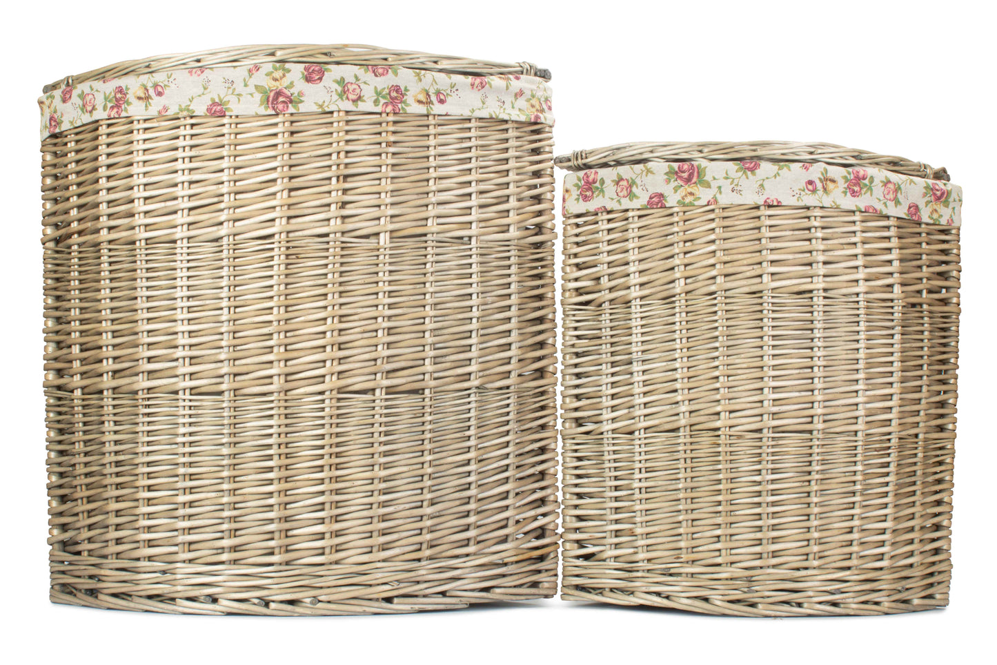 Antique Wash Willow Corner Linen Basket with Garden Rose Lining Set 2