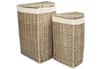 Antique Wash Willow Corner Linen Basket with White Lining Set 2