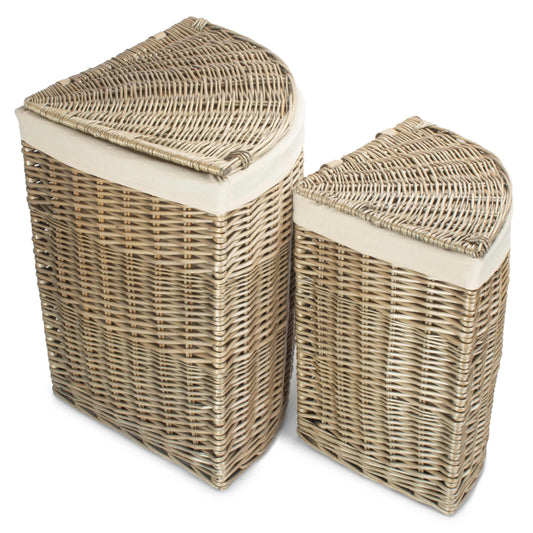 Antique Wash Willow Corner Linen Basket with White Lining Set 2