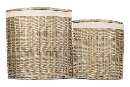 Antique Wash Willow Corner Linen Basket with White Lining Set 2