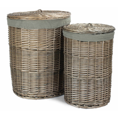 Antique Wash Willow Round Linen Basket with Grey Sage Set 2
