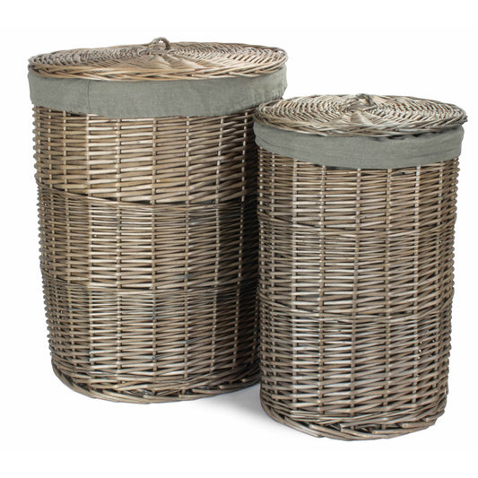 Antique Wash Willow Round Linen Basket with Grey Sage Set 2