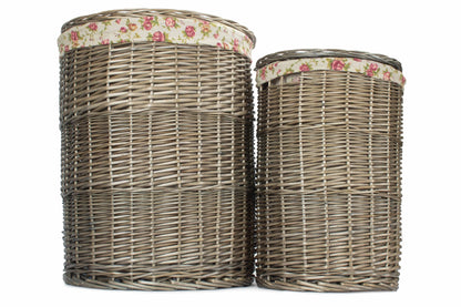 Antique Wash Willow Round Linen Laundry Basket with Garden Rose Lining Set 2