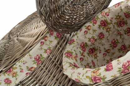Antique Wash Willow Round Linen Laundry Basket with Garden Rose Lining Set 2