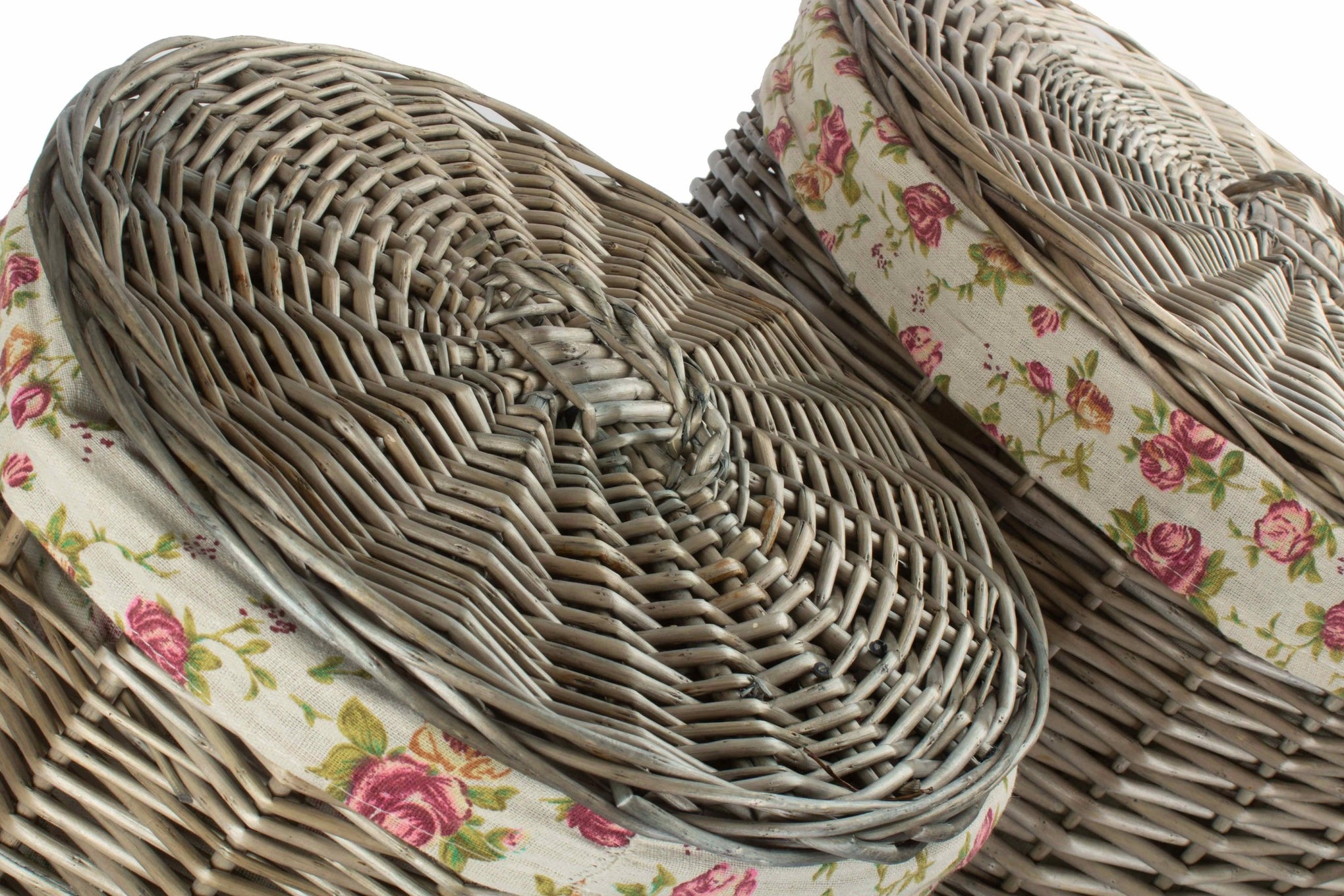Antique Wash Willow Round Linen Laundry Basket with Garden Rose Lining Set 2