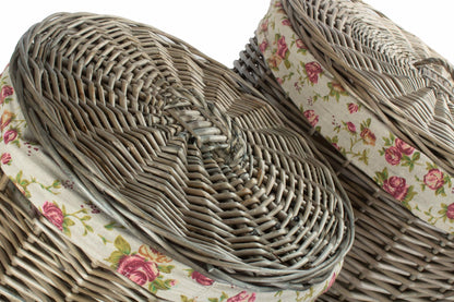 Antique Wash Willow Round Linen Laundry Basket with Garden Rose Lining Set 2