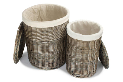 Antique Wash Willow Round Linen Basket with White Lining Set 2