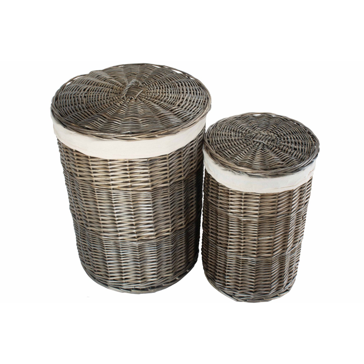 Antique Wash Round Linen Basket With White Lining Set 2