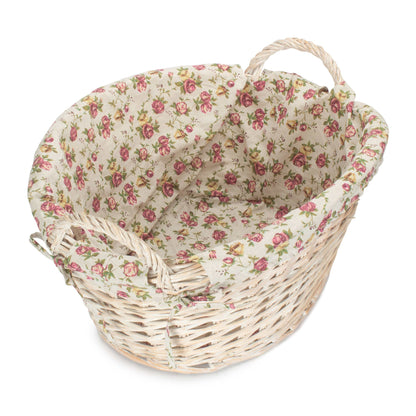White Wash Willow Washing Basket with Garden Rose Lining