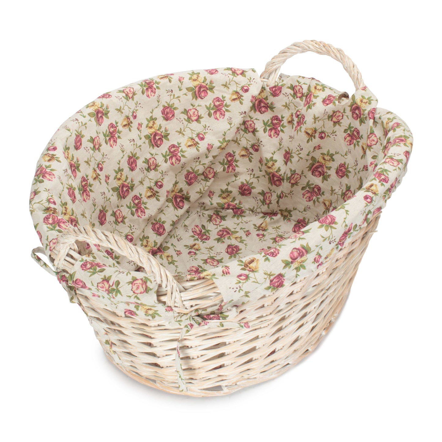 White Wash Finish Willow Washing Basket with Garden Rose Lining