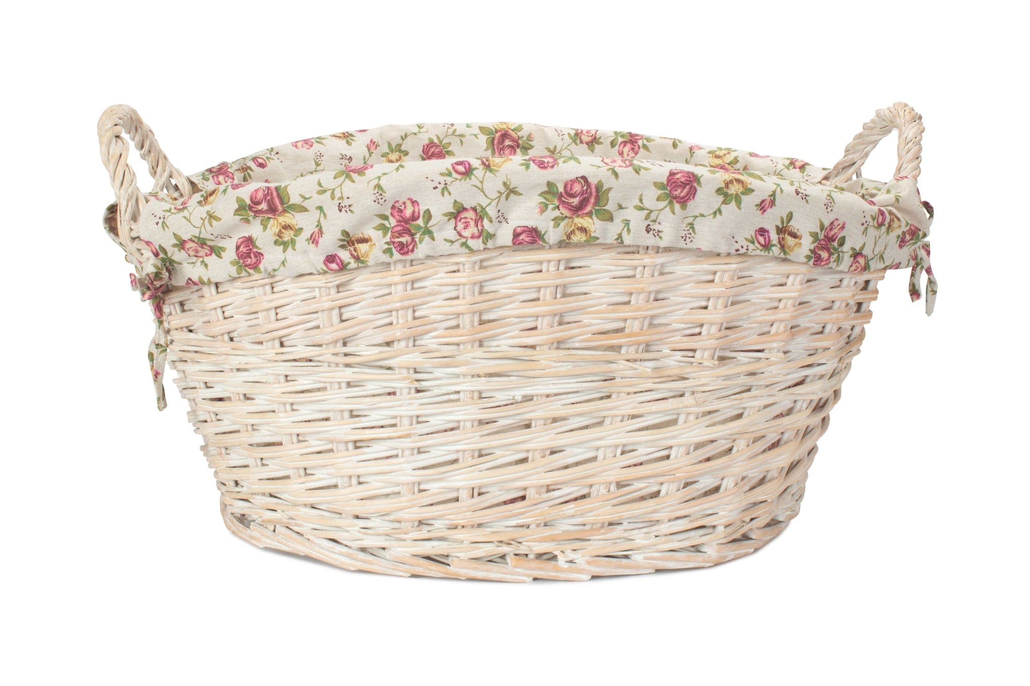 White Wash Willow Washing Basket with Garden Rose Lining