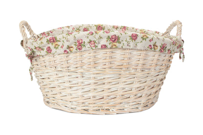 White Wash Willow Washing Basket with Garden Rose Lining