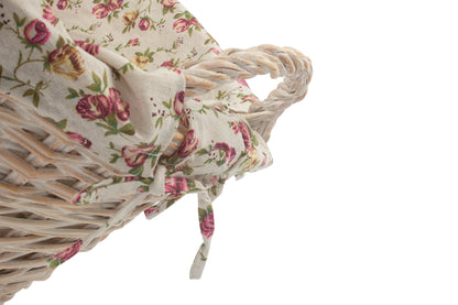 White Wash Willow Washing Basket with Garden Rose Lining