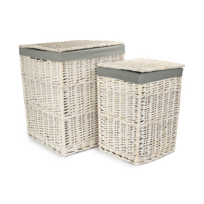 Square White Wash Laundry Hamper with Grey Sage Lining Set 2