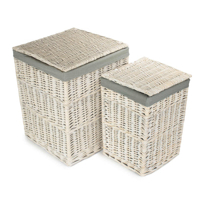 Square White Wash Laundry Hamper with Grey Sage Lining Set 2