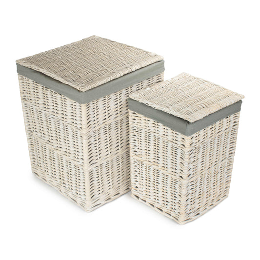 Square White Wash Laundry Hamper with Grey Sage Lining Set 2