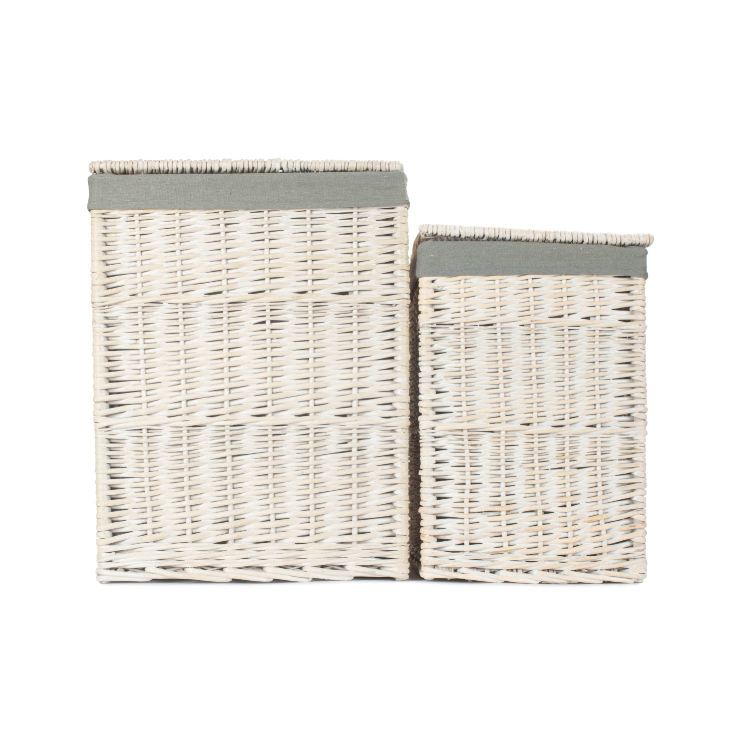 Square White Wash Laundry Hamper with Grey Sage Lining Set 2
