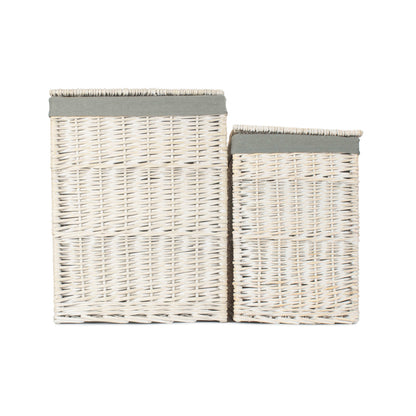 Square White Wash Laundry Hamper with Grey Sage Lining Set 2