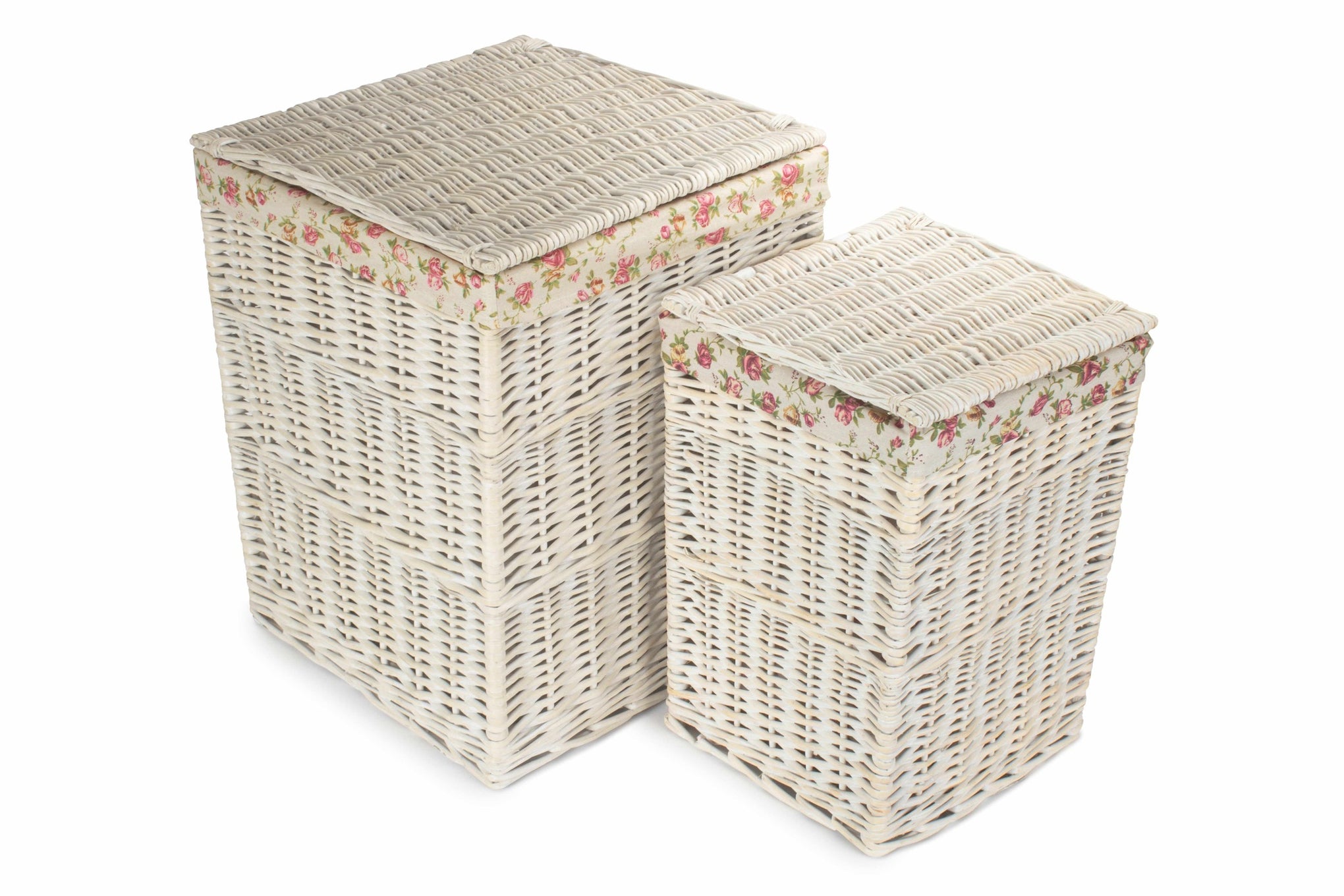 Square White Wash Laundry Hamper with Garden Rose Lining Set 2